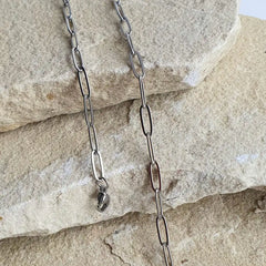 Classic silver paperclip chain necklace and bracelet bundle with adjustable lengths