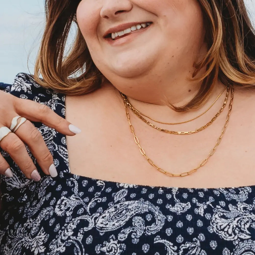 Gold-plated paperclip chain necklace worn by a plus-size model, designed to add a touch of sophistication to any outfit.