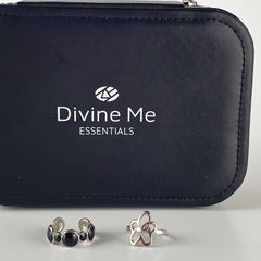 Silver Flower Power and Bubbles adjustable rings with black oil-dripping, displayed with the I Am Divine Jewellery Box. A timeless, hypoallergenic gift bundle made to fit every body.
