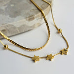Gold-plated 3 Wishes Necklace featuring three delicate stars, symbolizing hope, dreams, and endless possibilities. Elegant and timeless, perfect for adding sophistication to any outfit.