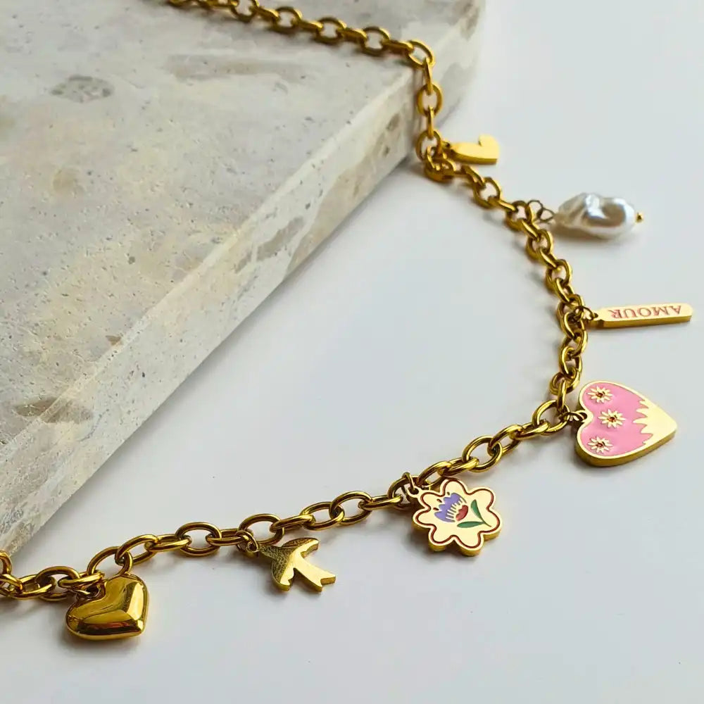 Bold Treasures Necklace featuring stunning 18K gold-plating and colourful charms, available in a 40cm+5cm length. Waterproof, hypoallergenic, and tarnish-resistant, perfect for bold self-expression.