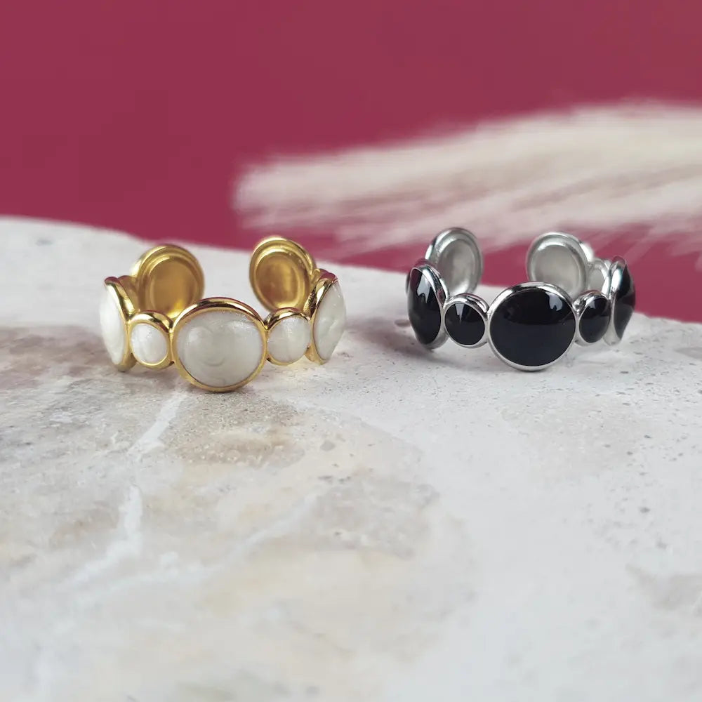 Stylish silver and gold bubbles ring with open, size-inclusive design and durable finish. Adjustable and resizeable rings, finally!