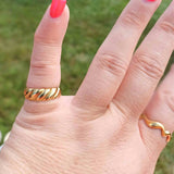 Crescent Elegance open ring in gold-plated stainless steel with minimalist curved design, also available in silver on plus-sized woman