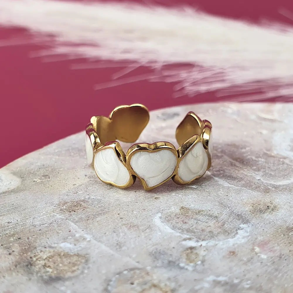 18k Gold-plated heart ring with enamel accent and resizeable band, size-inclusive and hypoallergenic