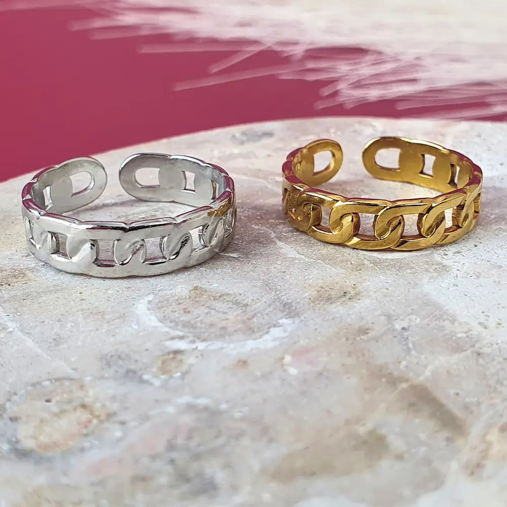 Matching linked chain rings in 18K gold and silver stainless steel with adjustable fit