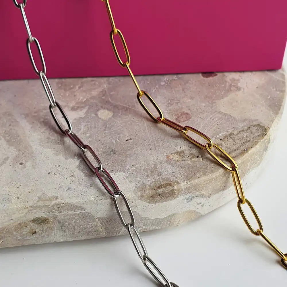 Linked Up Paperclip Chain Necklace in Silver and Gold-Plated, featuring adjustable 45+5cm and 60+5cm lengths for a stylish, versatile fit.