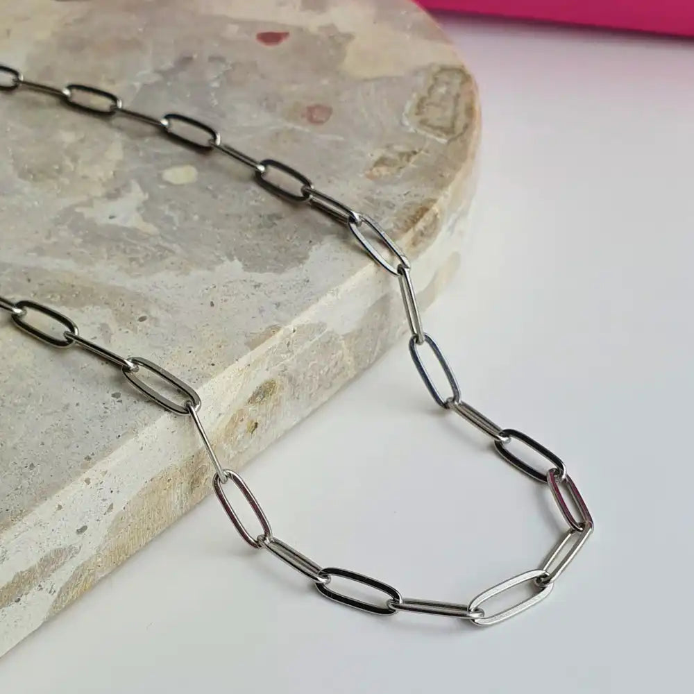 Linked Up Paperclip Chain Necklace in Silver, featuring adjustable 45+5cm and 60+5cm lengths for a stylish, versatile fit.