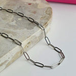 Linked Up Paperclip Chain Necklace in Silver, featuring adjustable 45+5cm and 60+5cm lengths for a stylish, versatile fit.