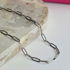 Linked Up Paperclip Chain Necklace in Silver, featuring adjustable 45+5cm and 60+5cm lengths for a stylish, versatile fit.