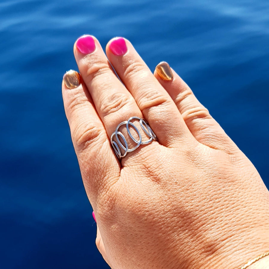 Bold adjustable ring in silver. Hypoallergenic, waterproof and tarnish free. NZ and Auss.