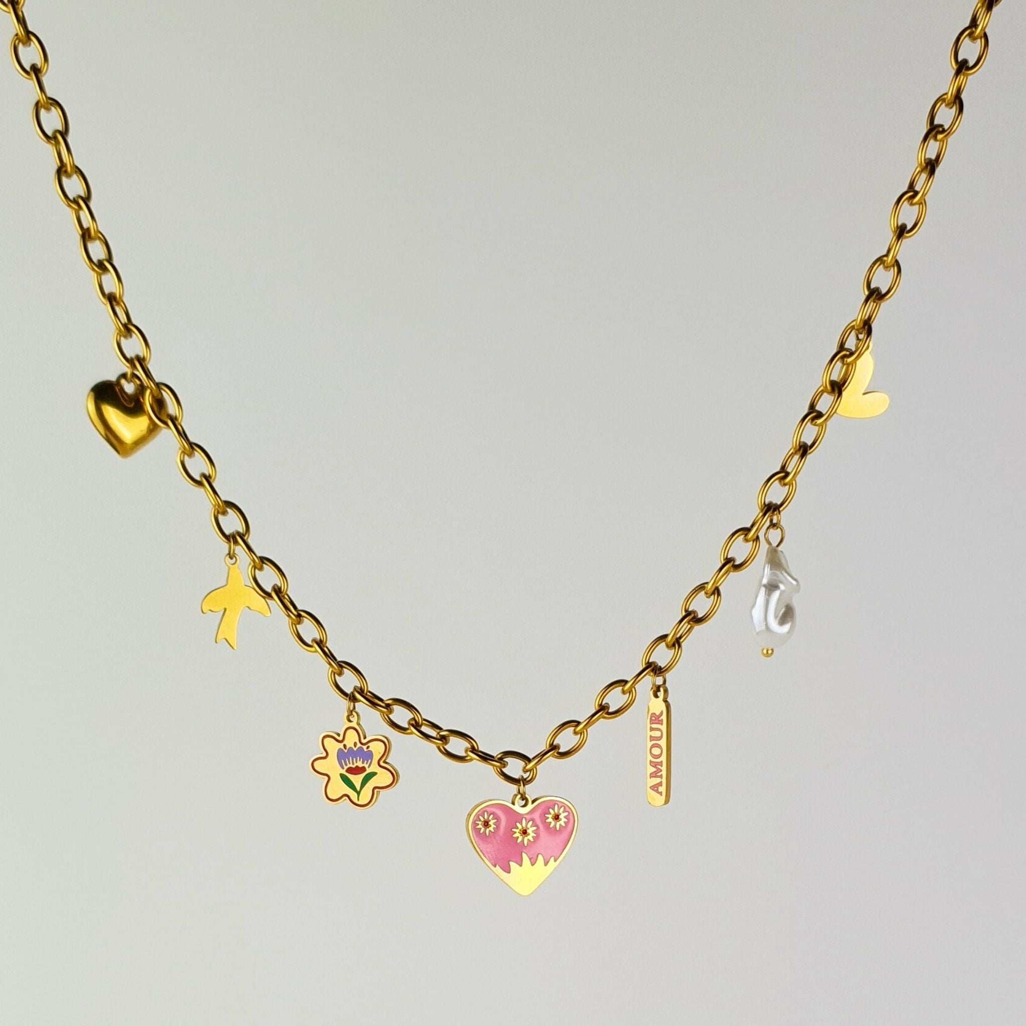 Bold Treasures Necklace featuring stunning 18K gold-plating and colourful charms, available in a 40cm+5cm length. Waterproof, hypoallergenic, and tarnish-resistant, perfect for bold self-expression.