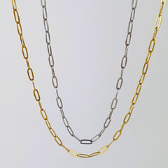 Linked Up Paperclip Chain Necklace in Silver and Gold-Plated, featuring adjustable 45+5cm and 60+5cm lengths for a stylish, versatile fit.